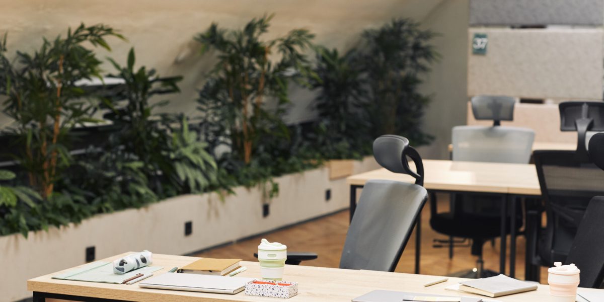 Background image of modern open space office decorated with plants, focus on workplace with wooden table and ergonomic chair in foreground, copy space
